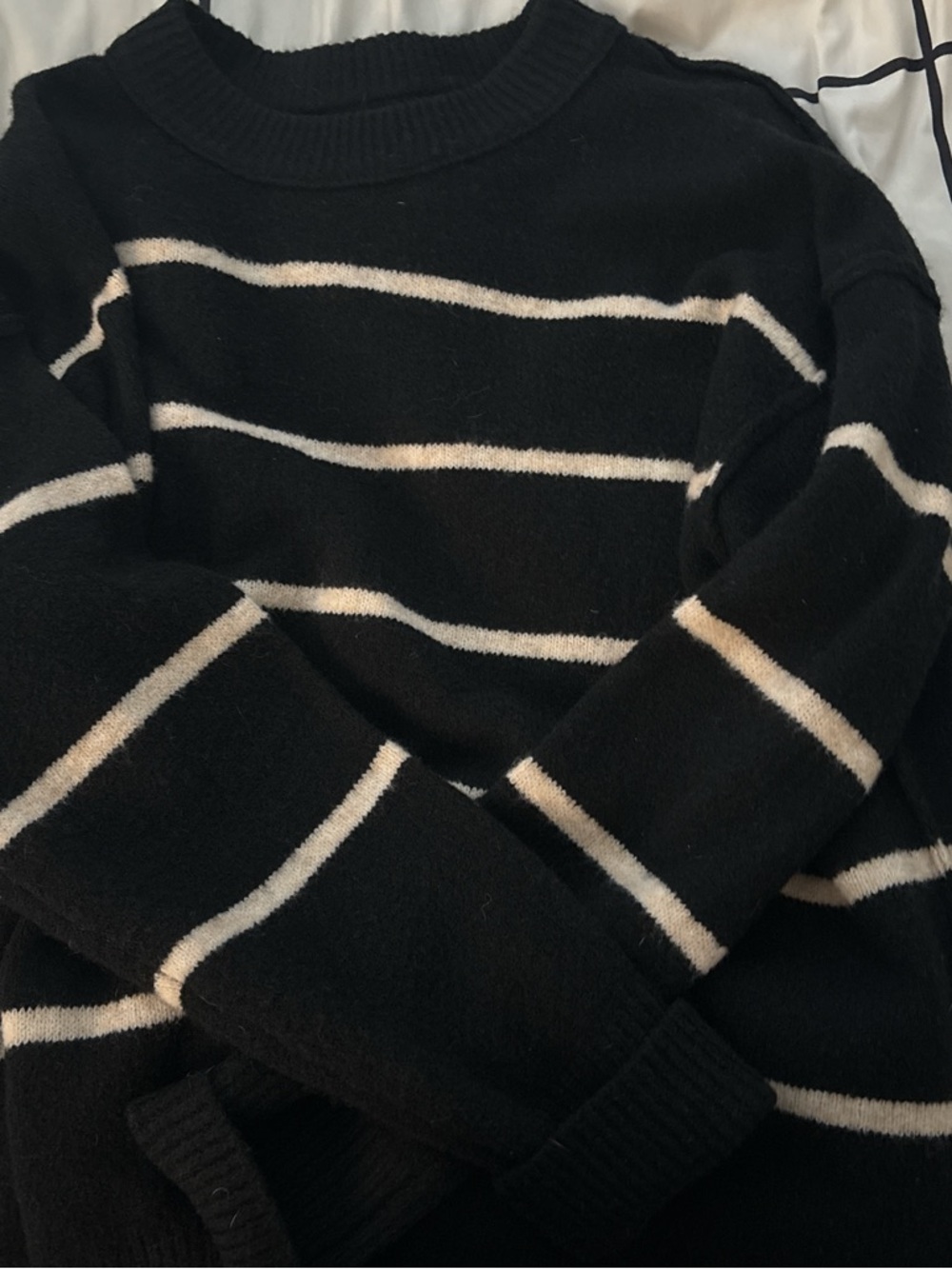 aerie Black & Cream Striped Crewneck Sweater